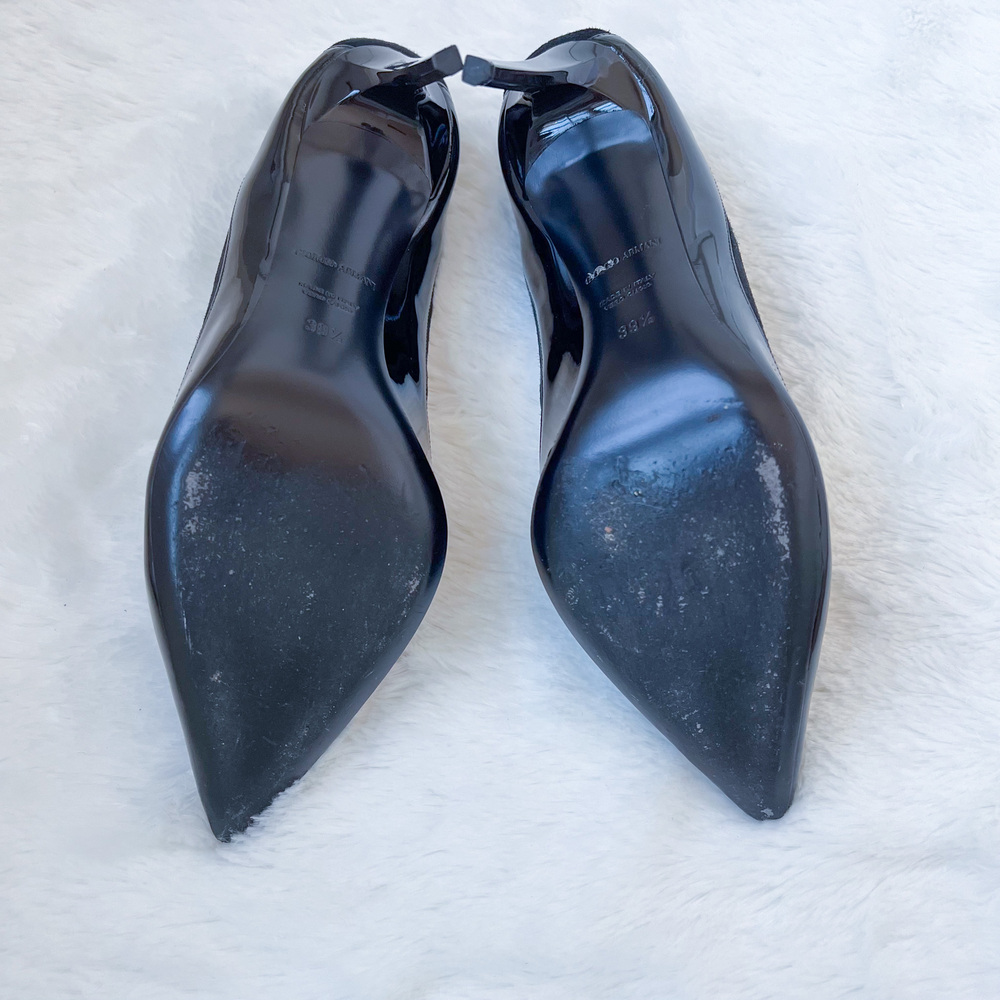 Giorgio Armani Black Patent Leather Suede Pump Heels Size 9.5 EU 39M X1E533 - Picture 9 of 12